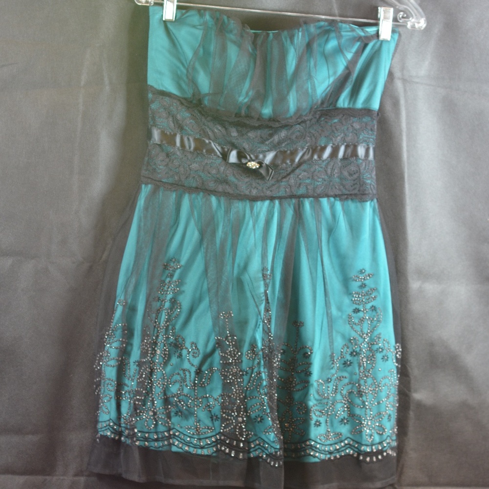 Turquoise Strapless Dress Black Tulle SZ L Yabes